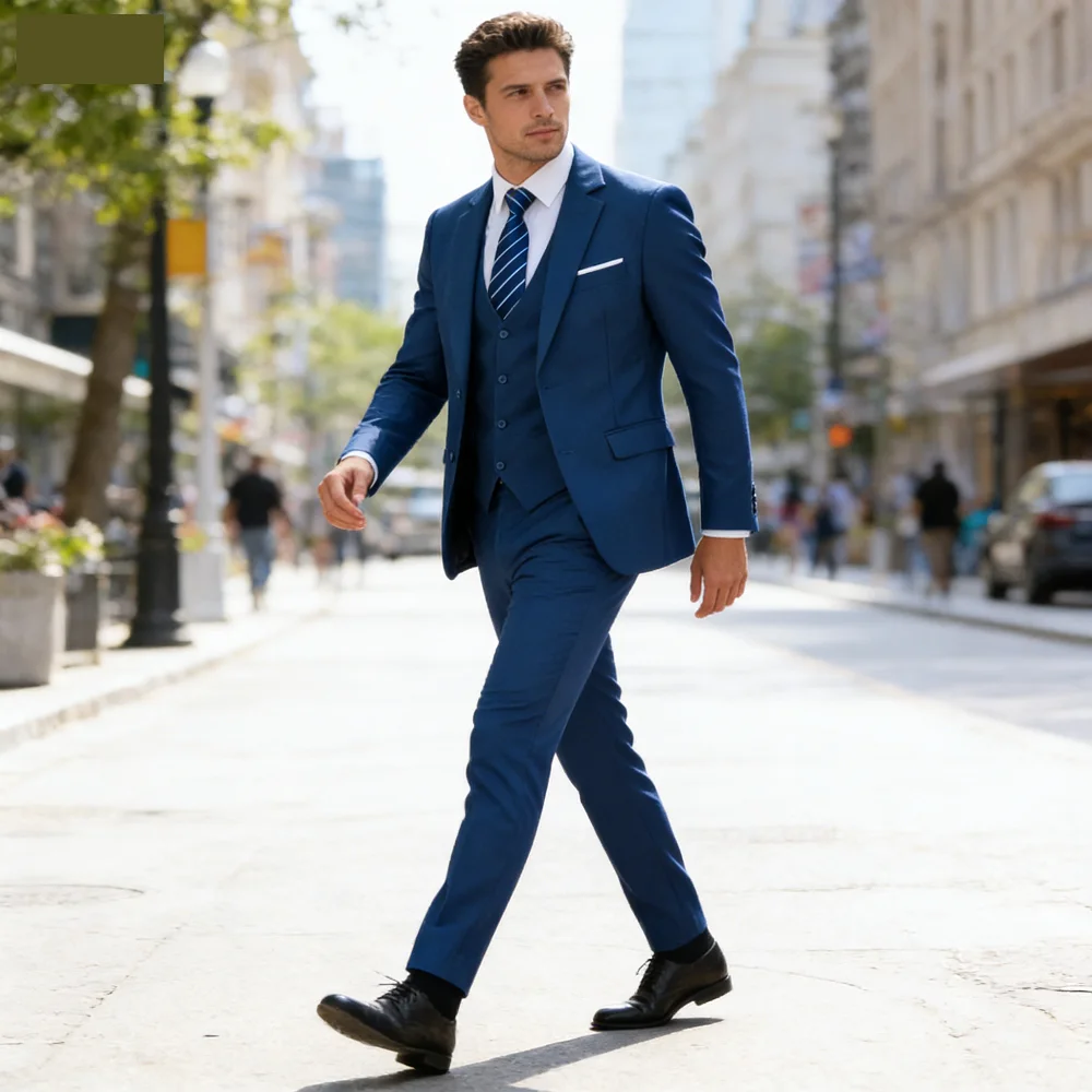 

Elegant Solid Single-Button Slim Fit 3-Piece Men's Terno Blazer Vest Pants Ensemble for Formal Occasions