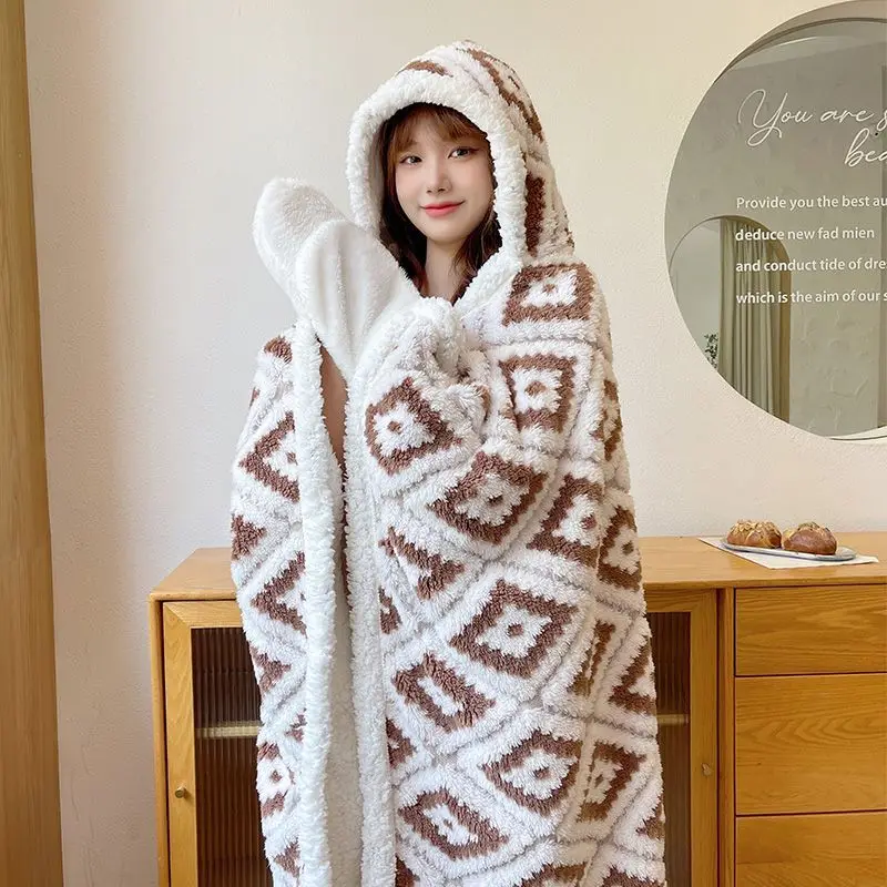 Ins Bohemia Blanket Flannel Cloak Hooded With Hat Wearable Winter Warm Women Home Cosplay