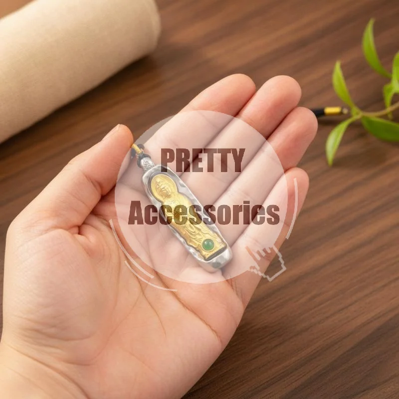 Two-Tone Guan Yin Jade Pendant Green Jade Inlay Gold Silver Finish Blessing  for Holiday Gift Daily Wear