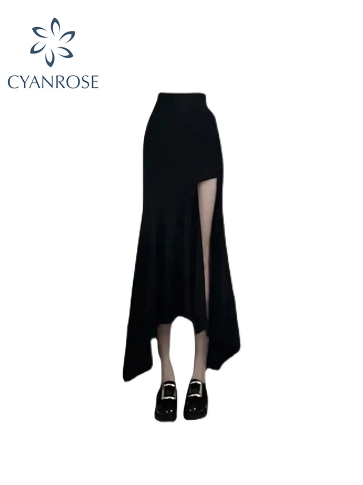 Y2k High Waist Slim Wrap Hip Black Big Split Fishtail Skirt Women Elegant Fashion Irregular Mid-length Dress Korean Style 2022