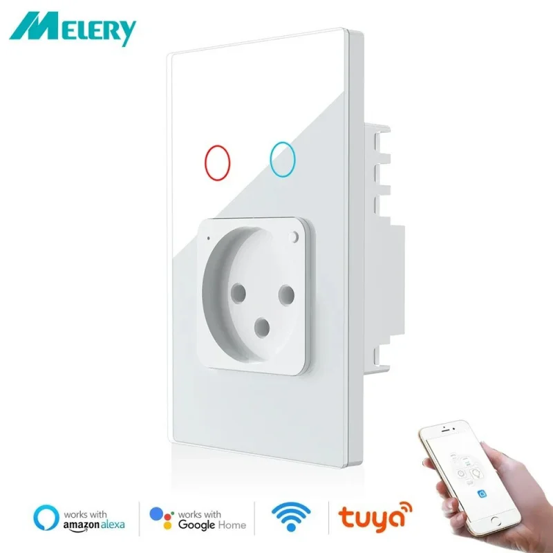 Tuya WiFi Smart Wall Socket & Light Switch - Israeli Standard Touch Glass Panel Remote Control Works with Alexa Echo Dot