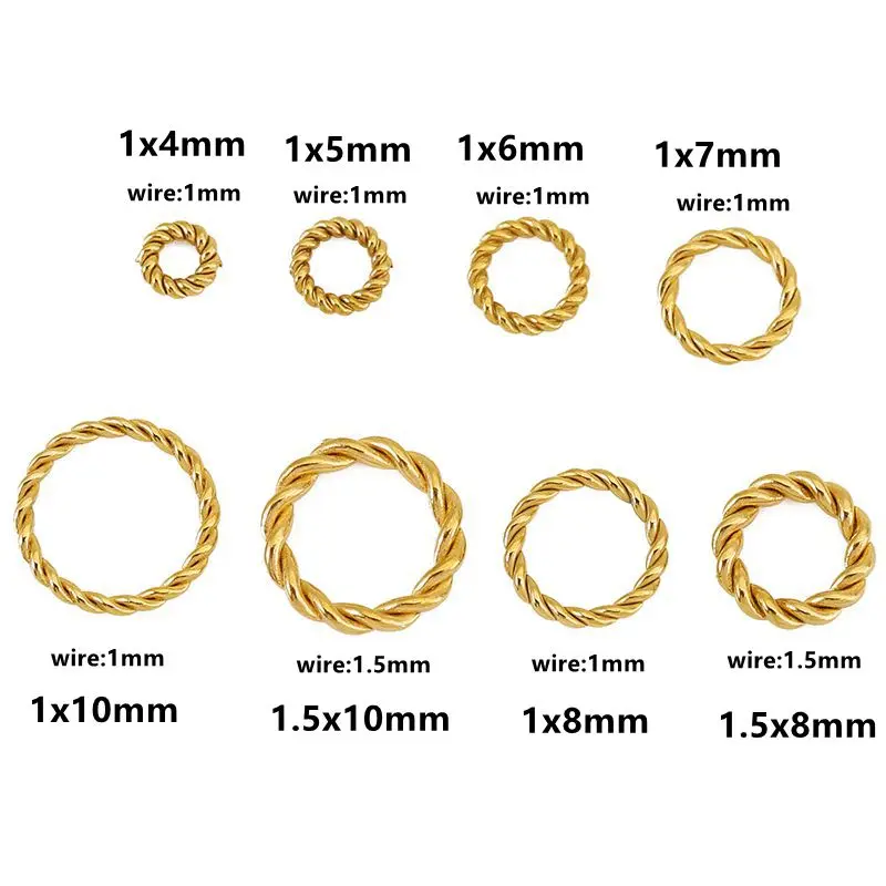 50개/세트 4 5 6 7 8 10mm PVD 스테인리스 스틸 골드 심리스 클로즈드 점프 링 강력 트위스트 로프 스플릿 링 DIY 쥬얼리 제작용