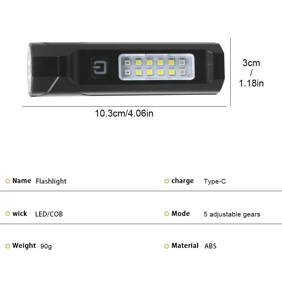 ضوء قوي LED مصباح يدوي نوع C الشعلة القابلة لإعادة الشحن مع مغناطيس قوي، COB الجانب ضوء أضواء التخييم مشاعل مقاومة للماء