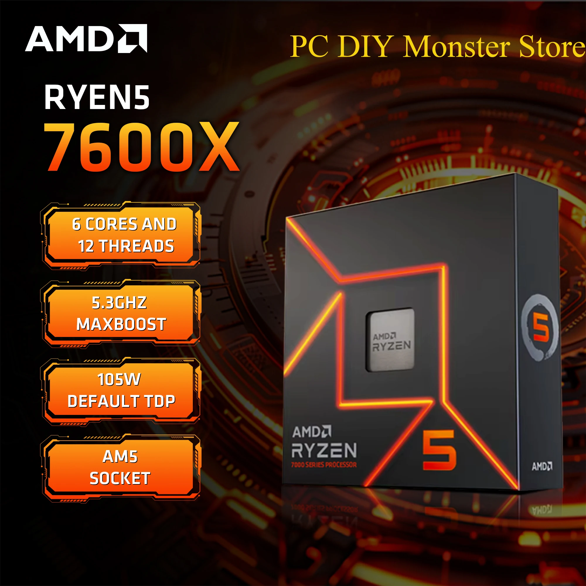AMD Ryzen 5 7600X w oryginalnym opakowaniu, 4.7 GHz, 6-rdzeniowy, 12-wątkowy, PCIE 5.0, 105W, procesor CPU 5NM, L3=32M, 100-000000593, AM5, procesor do gier