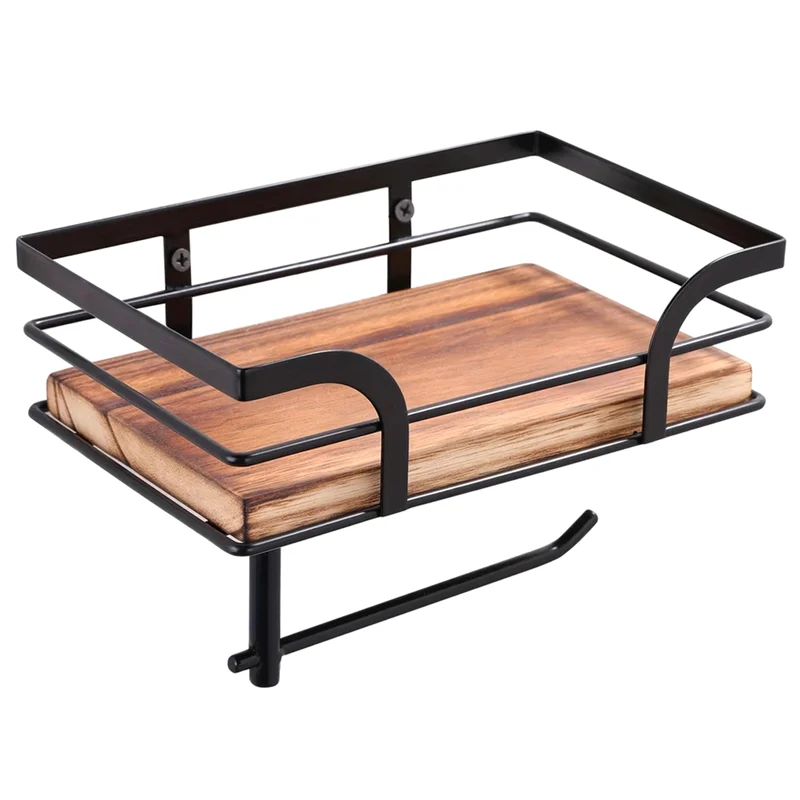 

Space Saving Bathroom Organizer-Wall Mounted Forged Iron Tissue Holder With Recycled Wooden Storage Rack
