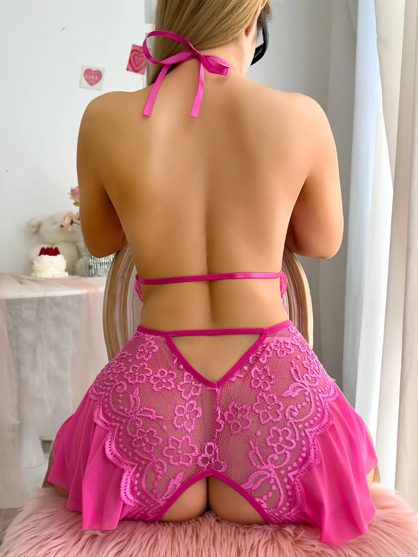 جديد حار قطعة واحدة الرسن الملابس الداخلية النساء أكمام فستان من الدانتيل المرقعة شفافة ملابس خاصة بيبي دول مثير مجموعة الملابس الداخلية #4