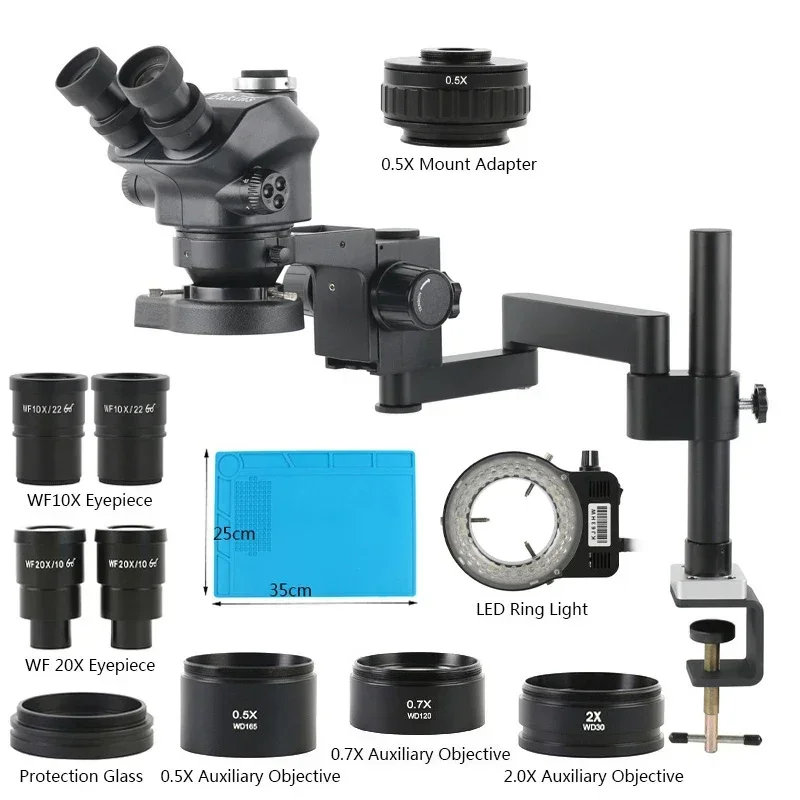 

3.5-100X Zoom Trinocular Articulating Arm Clamp Stand 0.5X 0.7X Barlow Lens Industry PCB Solder Phone Repair Stereo Microscope