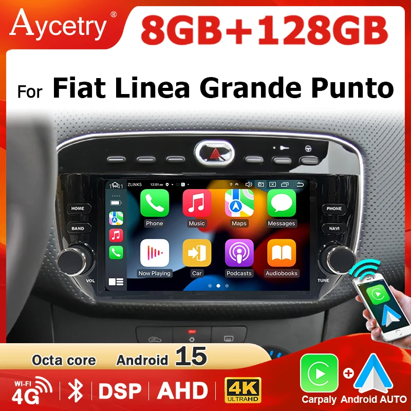 Autoradio multimédia sans fil Carplay Andorid 15, 7 pouces, pour Fiat Linea Punto evo 2010-2015, 1 din, autoradio stéréo 4GLTE