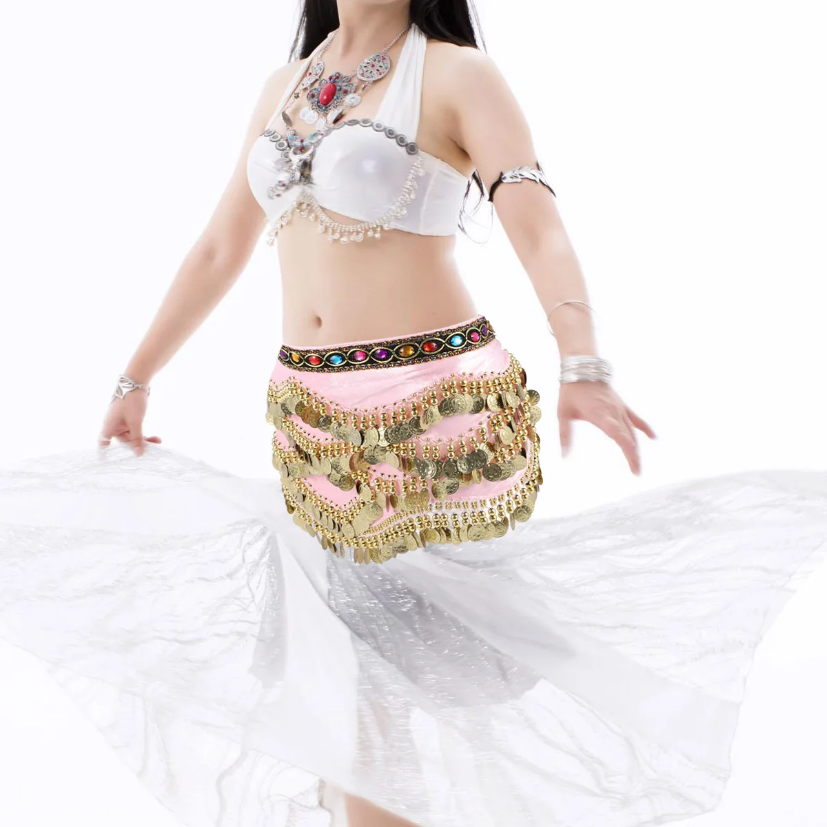 

1 pc Belly Dance Hip Scarf Wrap Pink Lightweight Coin Embellished Fashion Accessory For Women Dance Performance Belly