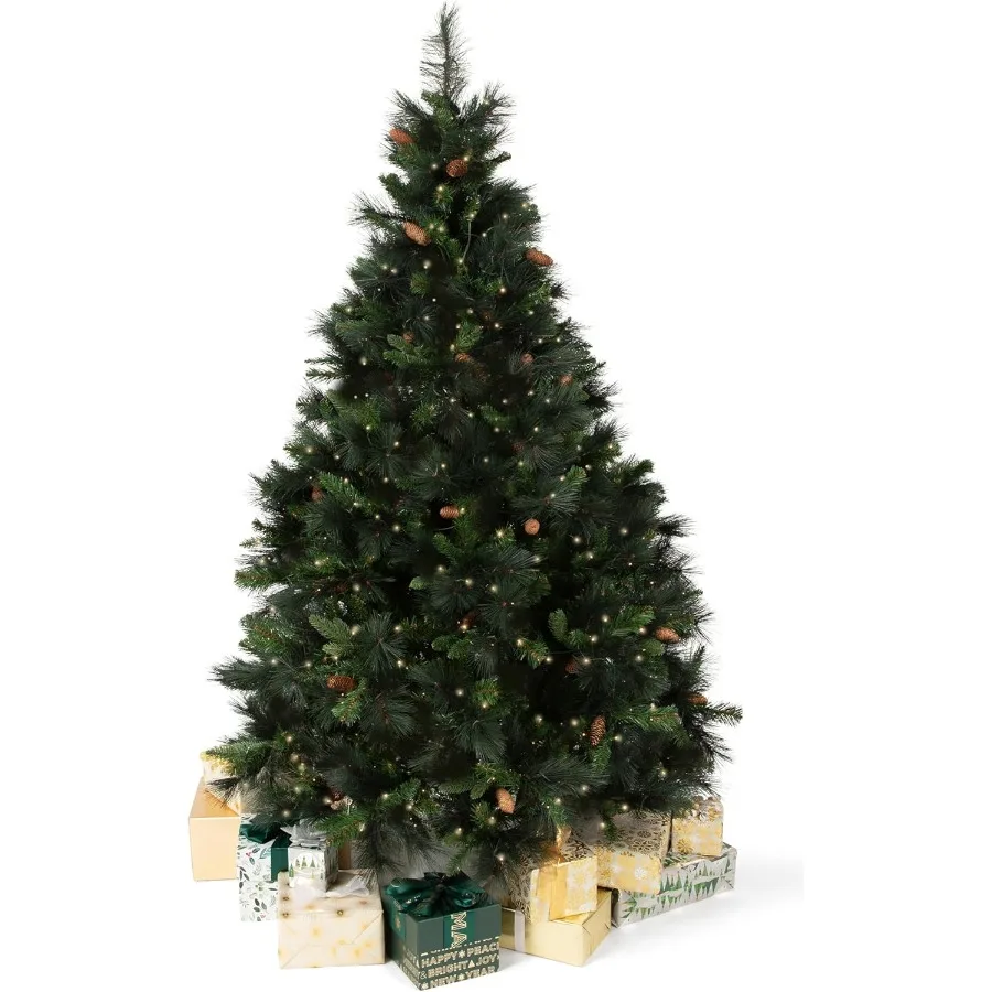 شجرة عيد الميلاد الاصطناعية المضاءة مسبقًا بطول 7 أقدام، مخاريط صنوبر كارولينا، أضواء بيضاء دافئة تتضمن حامل وحقيبة تخزين