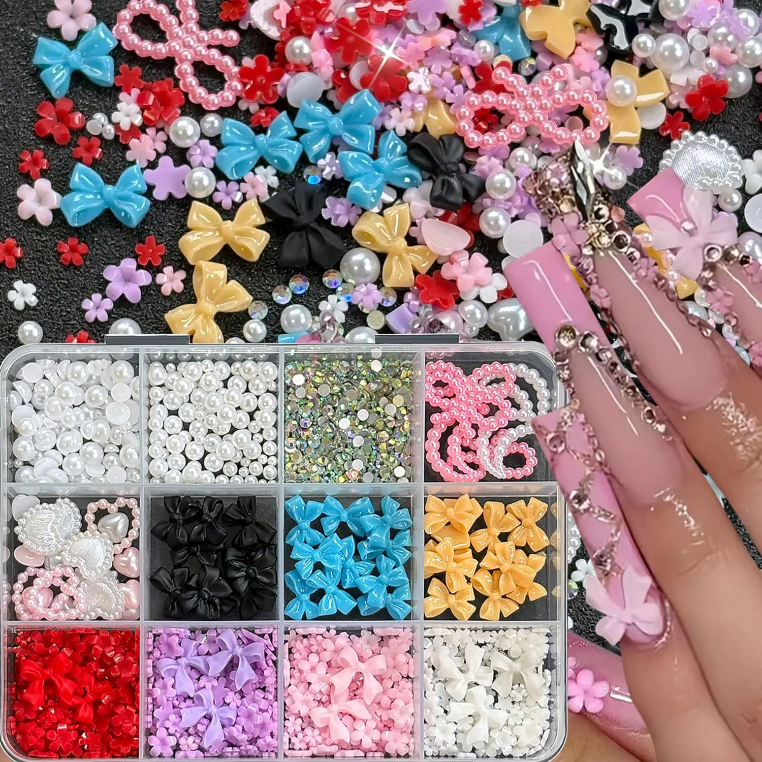 12Grids 3D Multicolor Bow Flower Heart Nail Charms Mixed Pearl Resin Bowknot Moon Love Nails Decoration Y2K Manicure Accessories