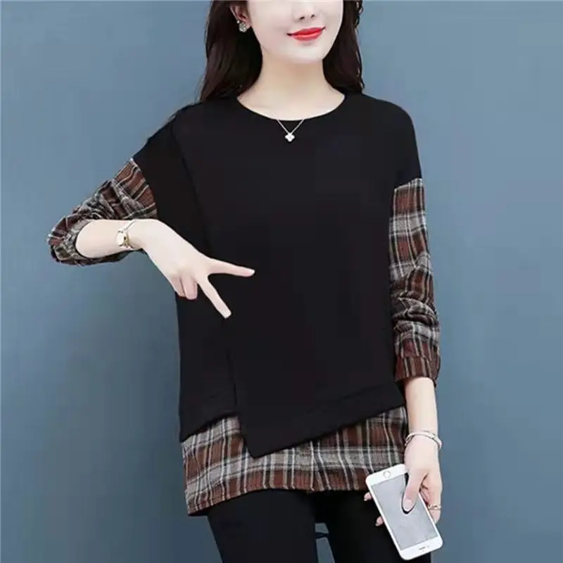 Casual Loose Women's Sweatshirt Two-Piece Set Spring Autumn Plaid Splicing Color Block Base Shirt Trendy Long Sleeve T-Shirt