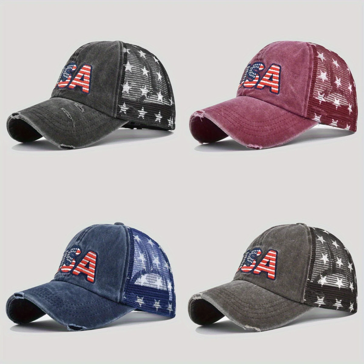 

Vintage Washed Distressed Flag Dad Hat with Star Embroidery Adjustable Mesh Back Truck Driver Baseball Cap for Men