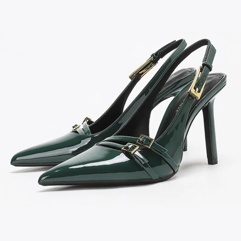 

Luxury Patent Leather Designer High Heels Women Belt Buckle Design Elegant Women Pumps Sexy Pointed Toe Back Strap Dress Shoes