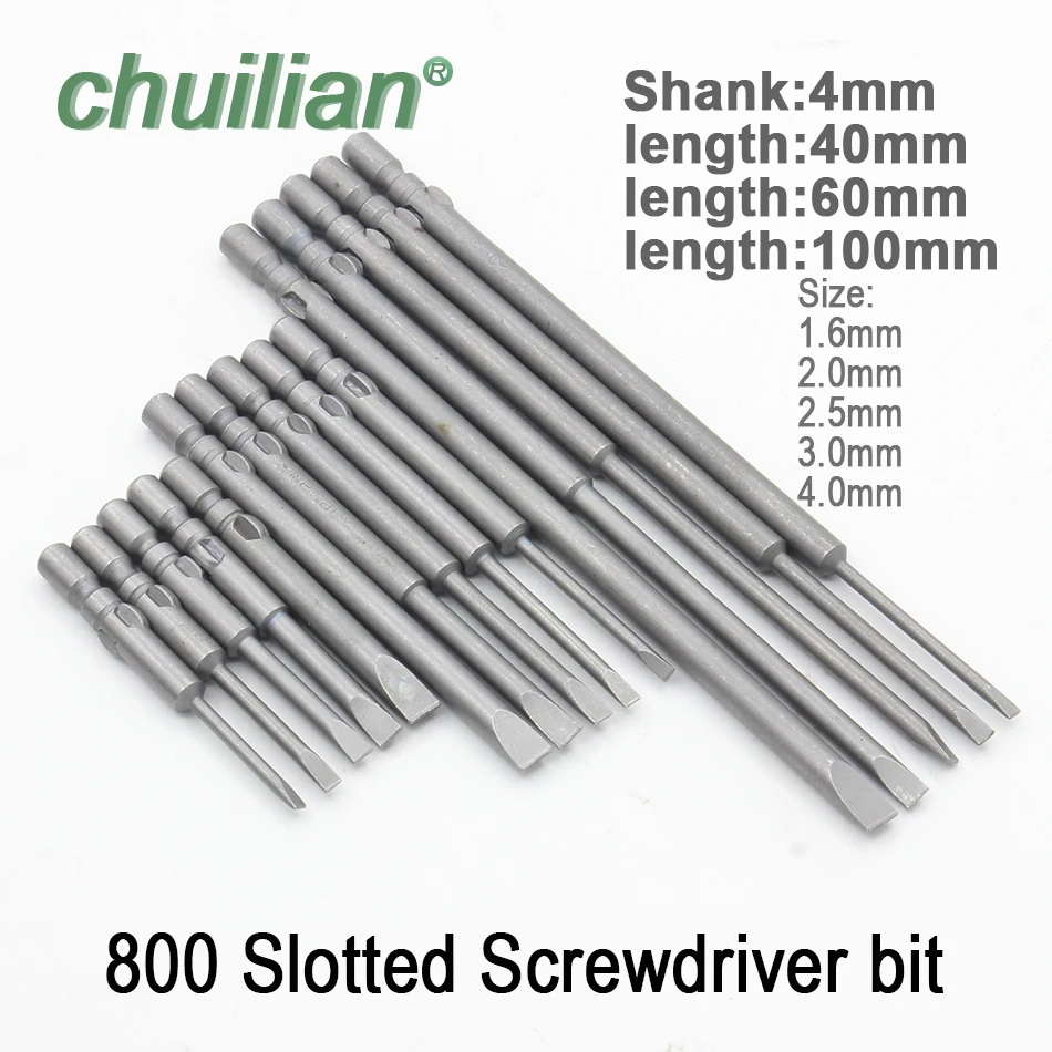 5Pcs/set Slotted Screwdriver Bit 800 4mm Shank Flat Head Slotted Tip Electric Screw Driver Hand Tools 40MM 60MM 100MM Long