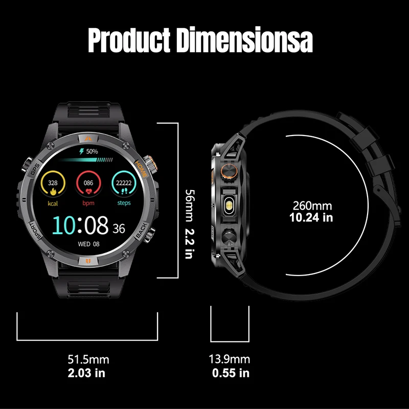 GPS البوصلة ساعة ذكية الرجال النساء الرياضة في الهواء الطلق العسكرية الصف ساعات المعصم 580mAh بطارية كبيرة مصباح يدوي BT دعوة Smartwatch #5