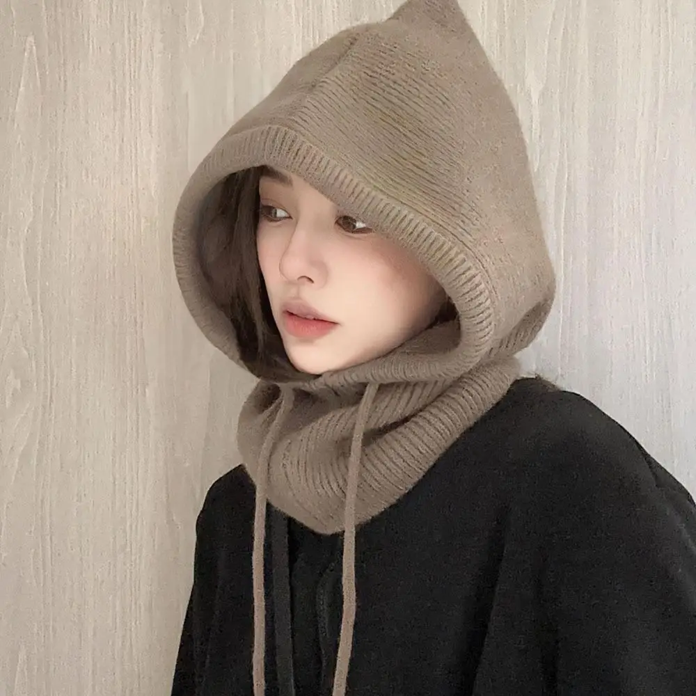 Fashion Drawstring Balaclava Hat Solid Color Windproof Knitted Hooded Cap Neck Protector Keep Warm Neck Collar Beanies Cap Girl