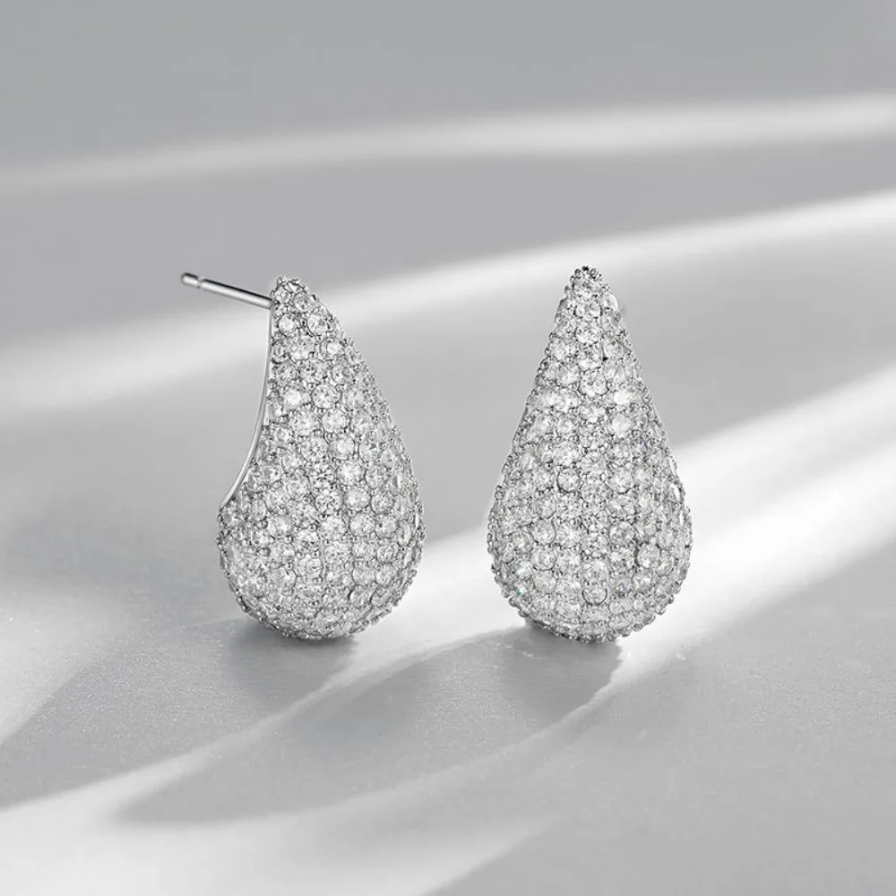Luxury Romantic Sparkling Full 5A Zircon Waterdrop-shaped Stud Earrings for Women Bride Wedding Party Stainless Steel Jewelry