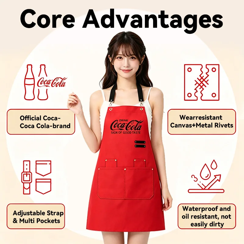 Coca-Cola Waterproof Oil-proof Kitchen Apron for Women Men with Large Pockets for Grill Restaurant Bar Shop Cafes Beauty Uniform