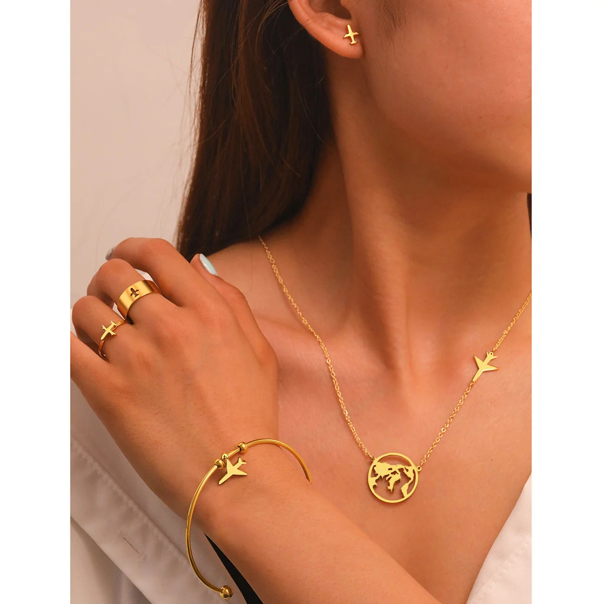 

Boho Airline Stud Earrings Ring, Bracelet and Necklace Set, Waterproof and Fadeproof, Women's Jewelry, Wedding Party Favors