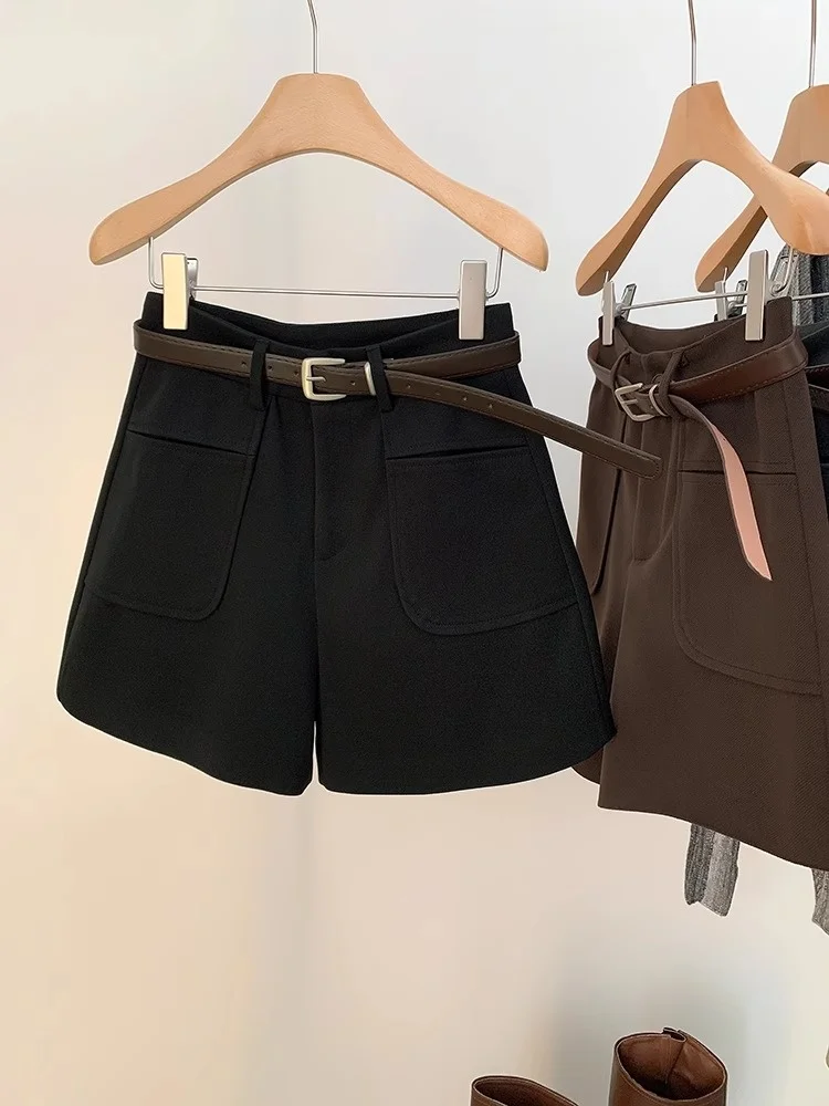 

plus Size Autumn Winter Woolen Pants High Waist Wide Leg A-Line Short Shorts Outerwear Slimming Thickened Bootcut Trousers