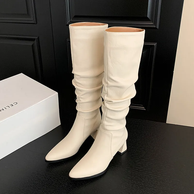 

MKKHOU Fashion Knee Boots Women's New High Quality Genuine Leather Pointed Fold High Heels Long Leather Boots Women's Boots