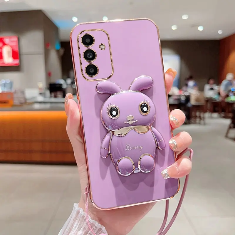 Phone Case For Samsung Galaxy A34 5G 34 Luxury Plating Square Rabbit Holder With Landyard Case Cover