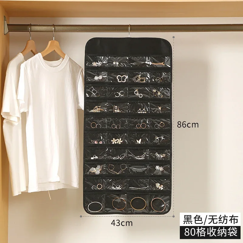 

48 Pocket Double-Sided Hanging Jewelry Organizer Storage Roll With Hanger For Earrings Necklaces Rings-Closet Jewelry Holder