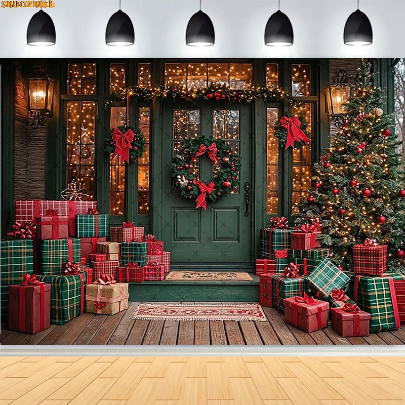 

Christmas Day Wreath Family New Year Party Photography Backdrops Prop Window Living Room Xmas Tree Gift Snow Background BV-21