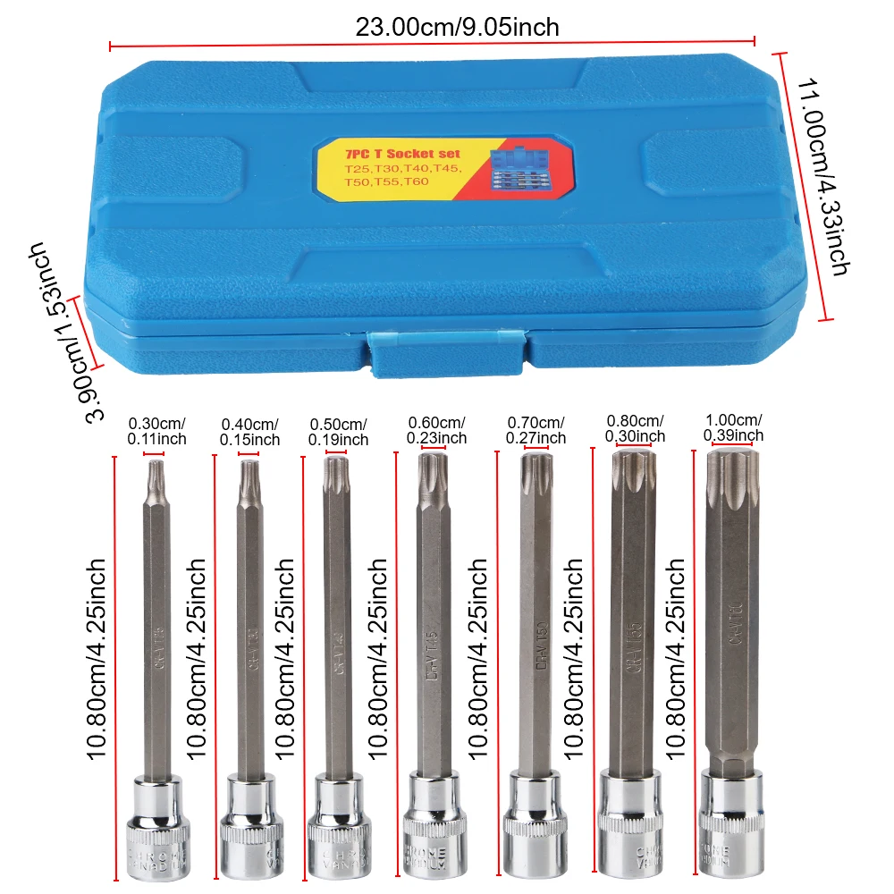 Car Automotive Tools Drive Extra Long T25, T30, T40, T45, T50, T55, T60 3/8inch Chrome-Vanadium Steel Torx Star Bit Socket Set