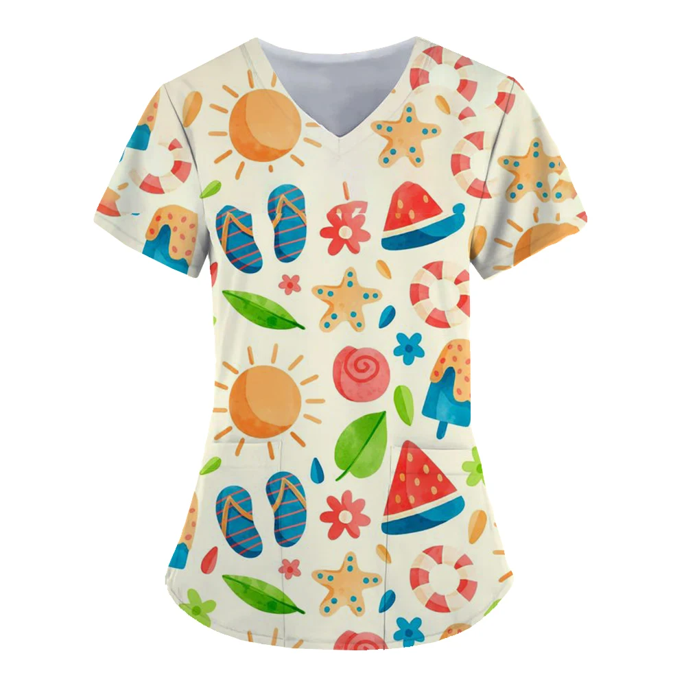 

New Hawaiian Graphic Healthcare Uniform Nurse Clinic Nursing Workwear Hospital T-shirt casual Short Sleeve Blouse Women Medical