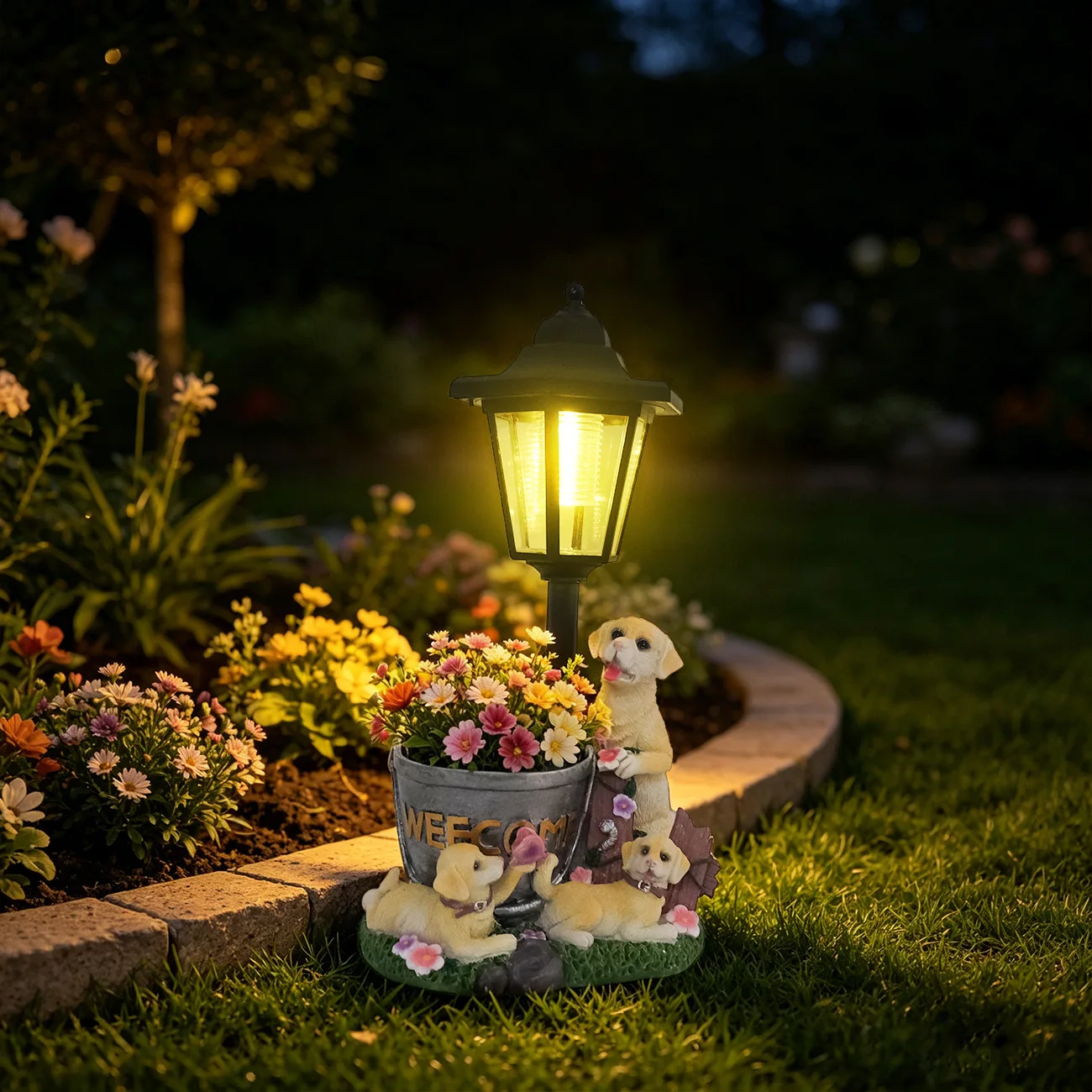 Flower Pot Golden Retriever Puppy Resin Crafts Ornament Gardening Home Decoration Outdoor Solar Landscaping Night Light