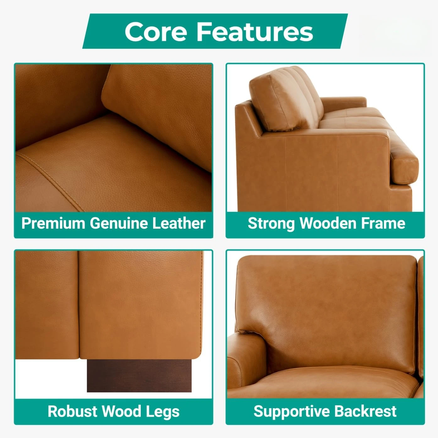 Genuine Leather Sofa - Luxurious Comfort, Goose Feather Cushion Filling, Square Arm Design, Sturdy Block Legs