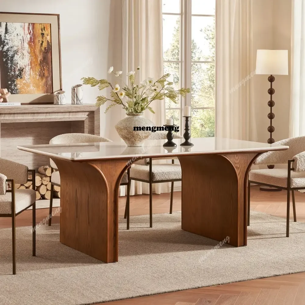 A5203 Retro medieval solid wood dining table arched legs pure white rock slab countertop household large size dining table recta