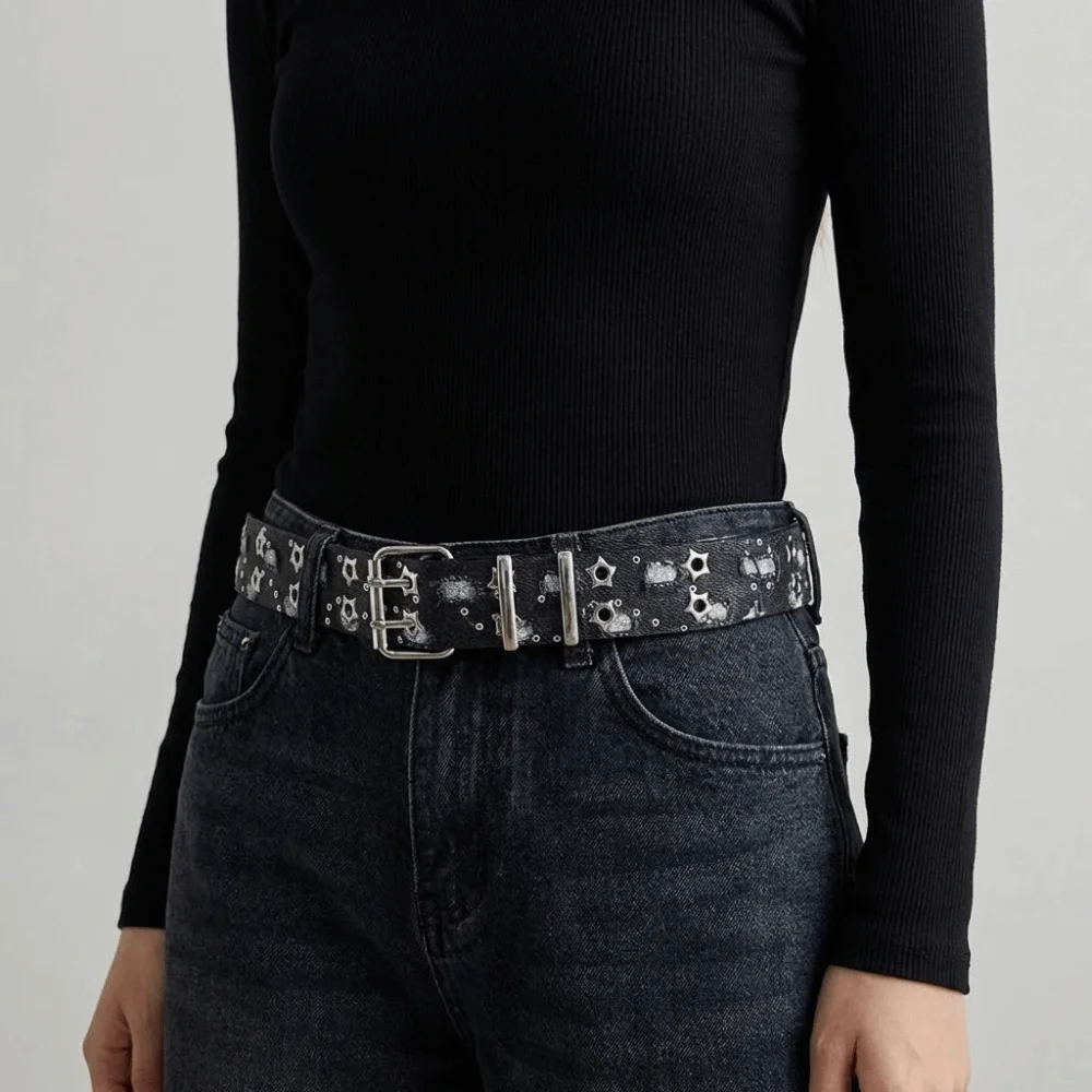 Cloth Denim Waist Belts Metal Buckle Double Grommet Hole Star Hole Sequin Belt All-match Waistband Trouser Decor Decoration