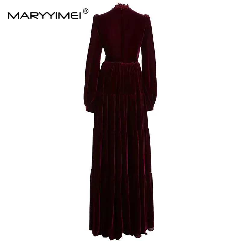 MARYYIMEI Fashion Autumn Winter Women\'s dress Long sleeved Lace Hollowed out embroidery Belt Vintage velvet Dresses