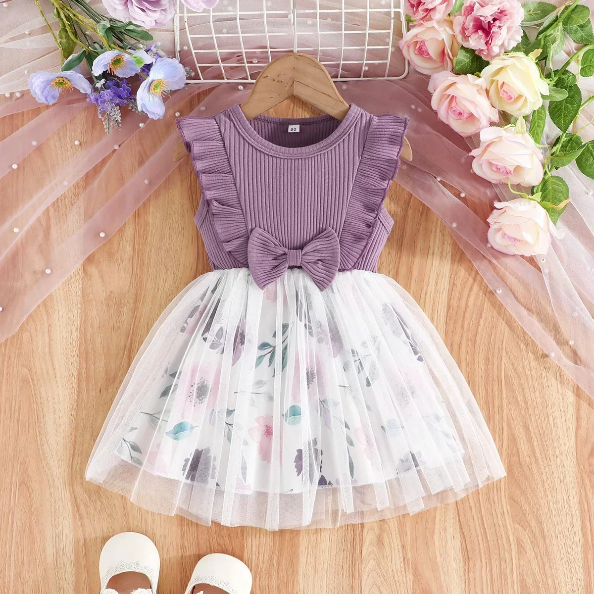 Baby Girl Dress for Summer New Solid Color Tutu Dresses for Lace Patchwork Dress for Flower Print Mesh 1-5Yrs Children\'s Clothes