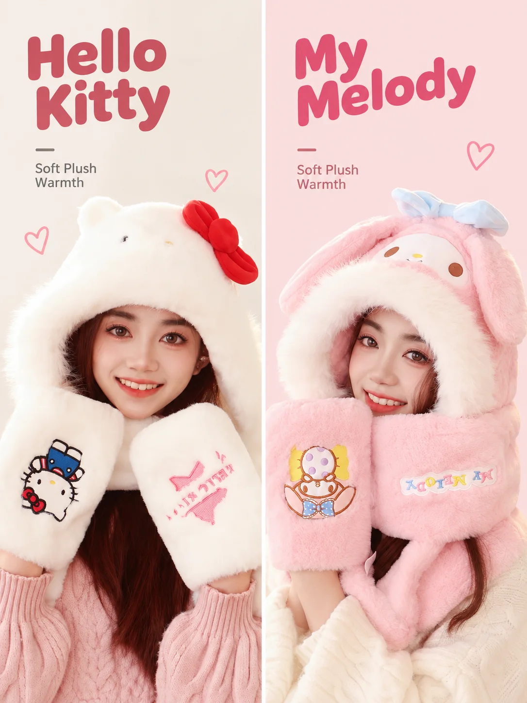 Sanrio Autumn Winter Thick Furry Warm 3-In-One Hat Scarf Glove Set Outdoor Cold Weather Halloween Cosplay Warm Costume Accessory - view 3