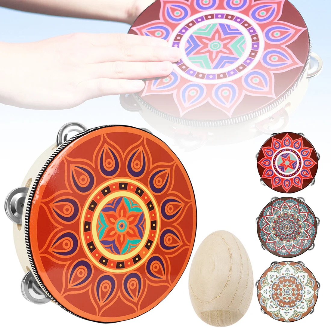 

8 Inch Single Row Jingles Flowers Pattern Tambourine with 1 Maraca Wooden Handbell Hand Drum