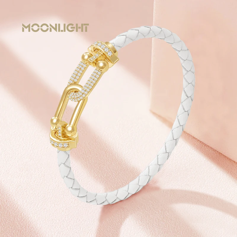 MOONLIGHT Classic Design U-Shape Zircon Bracelet for Women Genuine Braided Leather Charm Bracelet Female Jewelry Gifts 8 Colors