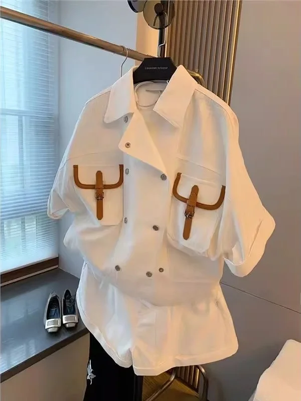 

Новый летний комплект унисекс в стиле ретро: рубашка с коротким рукавом и шорты, большие размеры (до 300 фунтов), с двойной застежкой на пуговицах, в стиле рабочей одежды.