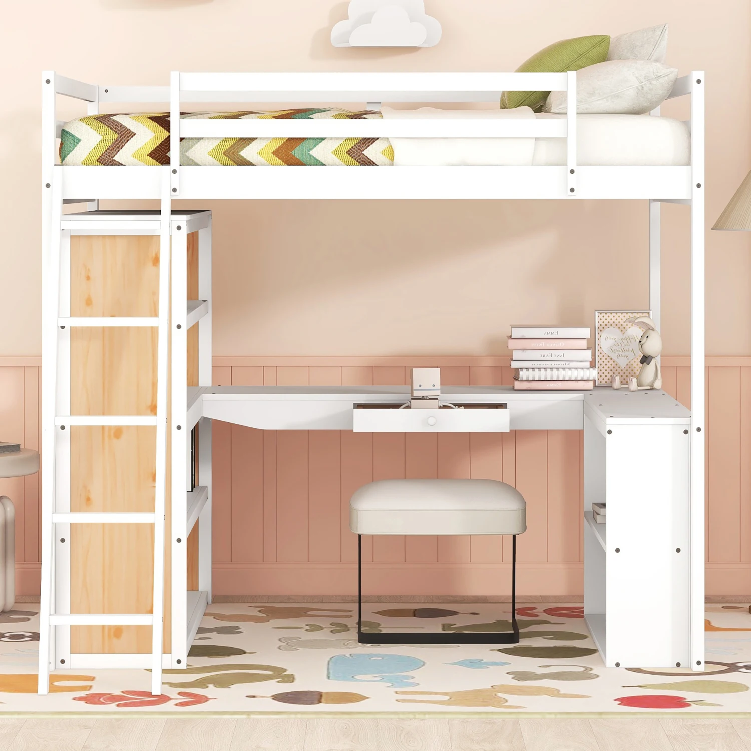 Full Size Loft Bed with Ladder, Shelves, and Desk, White(OLD SKU LT000226AAK)