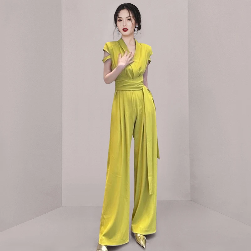 

High Waist Wide Leg Jumpsuit Women's Summer ort Sve Suit Collar Commute Ele High Waist Jumpsuit 2023 New Arrival