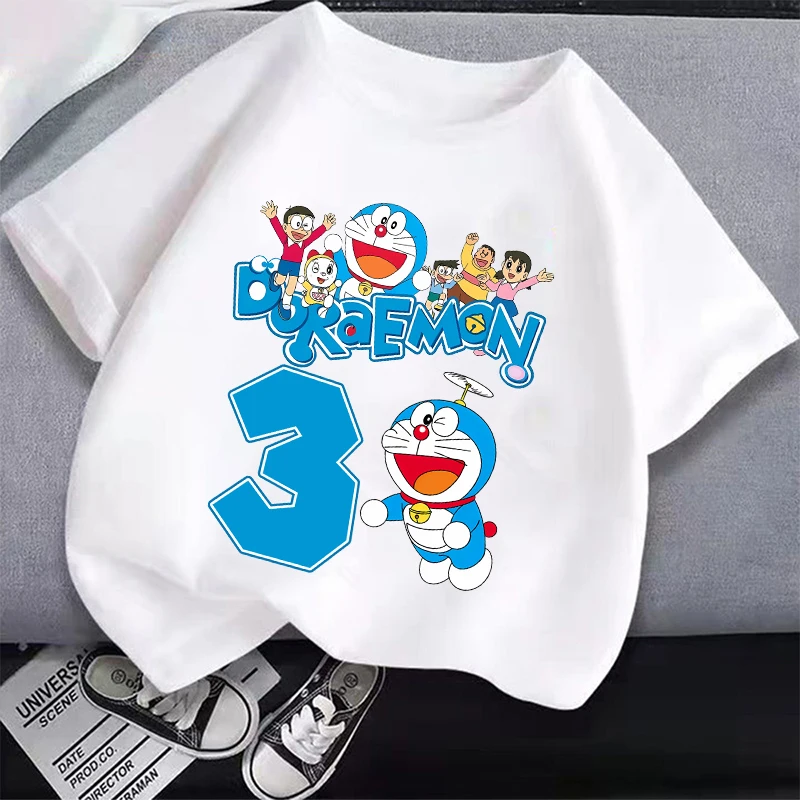 Doraemon T-shirt for Children Cute Cartoon Birthday Figure Black White Cotton Tee Short Sleeve Boy Girl Loose Clothing Kids Gift