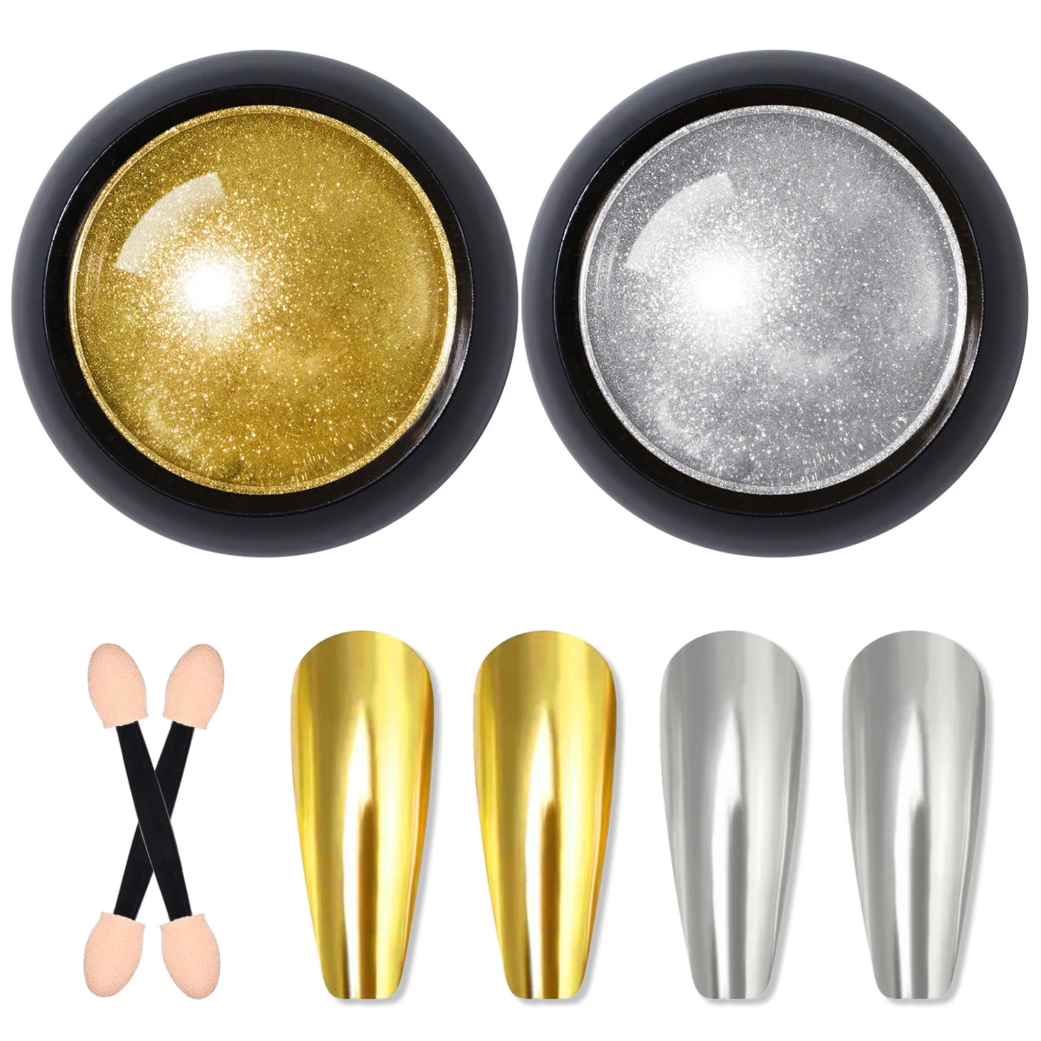 Silvery/Golden Mirror Chrome Nail Powder Set Metallic Nail Glitter Pigment with Sponge Brush for Manicure Salon Art Decoration