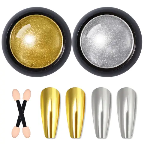 Silvery/Golden Mirror Chrome Nail Powder Set Metallic Nail Glitter Pigment with Sponge Brush for Manicure Salon Art Decoration