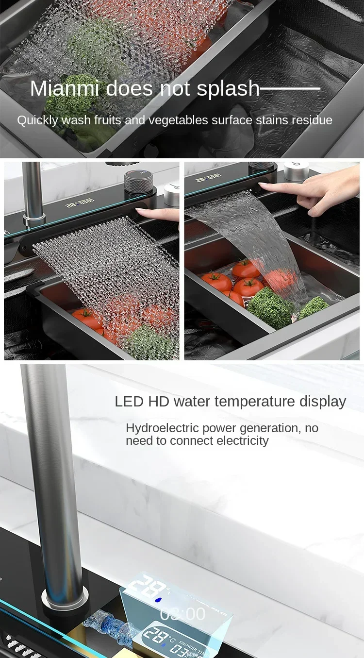 Waterfall Nano 304 Stainless Steel Dish Sink With Digital Display, Large Single Sink, Kitchen Sink, And Cup Washing