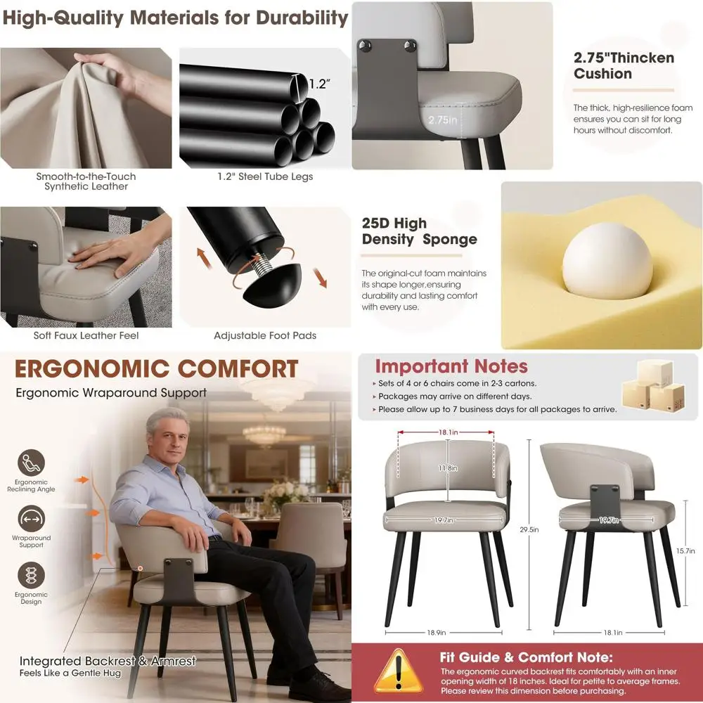 

Комплект из 2 обеденных стульев с обивкой из искусственной кожи, с изогнутой спинкой, простая сборка, идеально подходят для кухни или столовой, теплый серый цвет