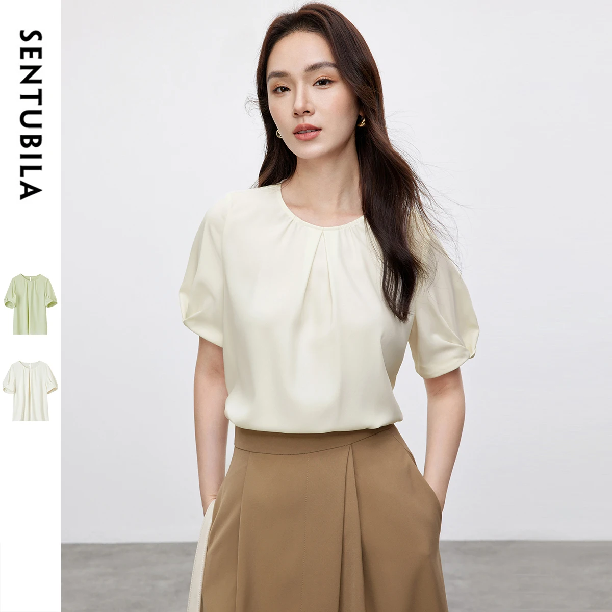 

SENTUBILA Fashion Solid Color Women Blouse 2025 Summer Loose Chiffon Puff Sleeve Crewneck Commute Shirts & Blouses 152V59024