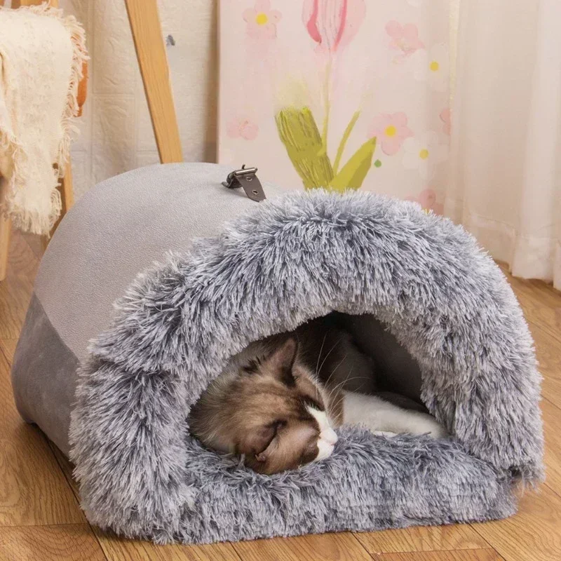 Winter Plush Cat Bed Large Size Dog Kennel Warm Cat House Villa Comfort Kitten Nest Closed Cats Home Puppy Sleep Mat